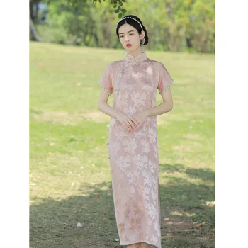 Traditsiooniline Hiina Kleidid Naiste Suvel Elegantne Roosa Seista Krae Jacquard Pitsääris Lühikesed Varrukad Cheongsam Pikk Qipao Kaasaegne