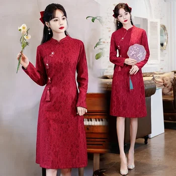 Traditsioonilised Hiina Riided Naistele Kaasaegne Täiustatud Punane Cheongsam Elegantne ja Päris Pikad Varrukad Qipao õhtukleidid