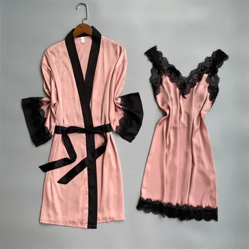 Twinset Kimono Hommikumantel Kleit Ülikond Naiste 2TK Hommikumantel Rihm Nightgowns Set Suvel Satiin Sleepwear Pits Õõnes Välja Siserõivad