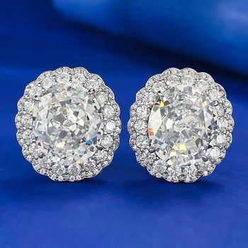 Uus 925 Hõbe Imporditud Kõrge Süsiniku Diamond 12 * 14mm Ovaalne Ice Flower Lõigatud Kõrva Trukid Luksuslikult Inkrusteeritud koos Täieliku Teemant