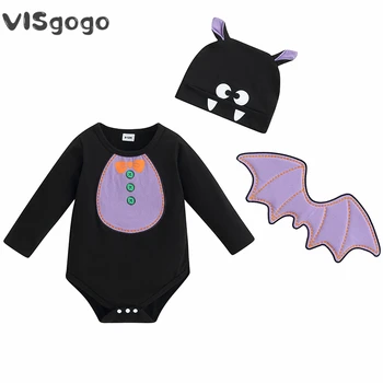 VISgogo 3TK Beebi Tüdrukud Poiste Riideid Halloween Komplekt-Must Pikk Varrukas Prindi Bodysuit Cartoon Müts ja Bat Wing