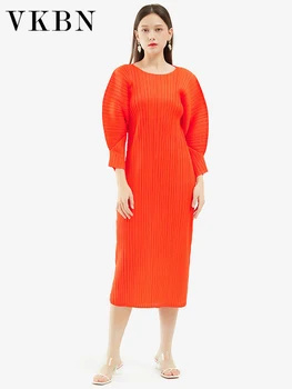 VKBN Suvine Kleit 2023 Plisseeritud Varjatud Varrukad O-Kaeluse Elegantne Mood Looduslikud Tegurid Pullover Midi Kleit Vestidos De Fiesta