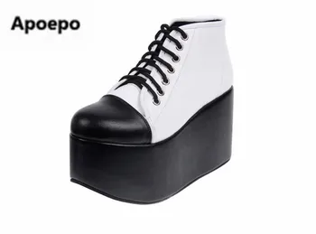 müük brändi Platvorm kingad musta valge Paksu põhjaga tossud naistele Punk stiilis wedges saapad naiste lace up kõrged kontsad 10 cm kingad