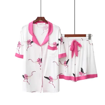 пижама Naiste Suvine Õhuke Modal Kampsun, Revääri lühikesed Püksid, Lühikeste varrukatega Daamid Pidžaama Sobiks Vabaaja Kodu Riided Flamingo Prindi